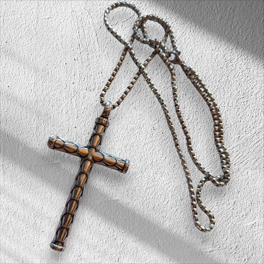 Vintage Silver Cross Necklace - Rustic Textured Pendant Womens